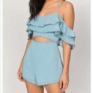 🌸Tobi Ivy Blue Off Shoulder Ruffle Romper